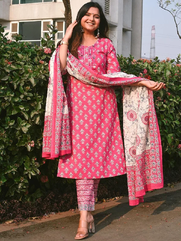 Pink Printed Cotton Straight Kurta With Trousers & Dupatta