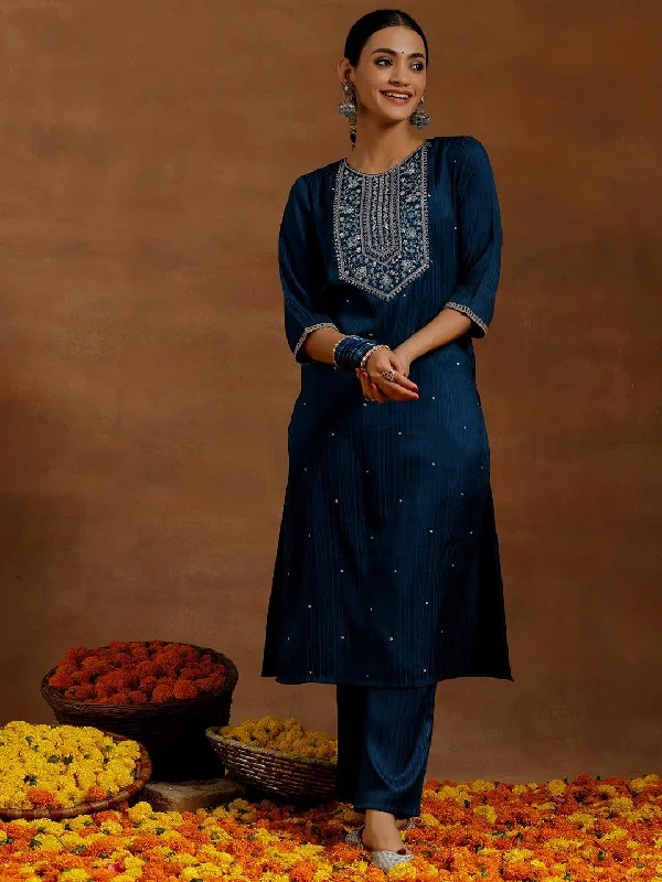 Blue Embroidered Silk Blend Straight Kurta Set