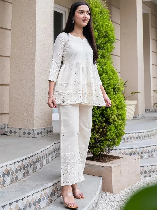 Off-White Mirror Work Cotton A-Line Kurti With Palazzos