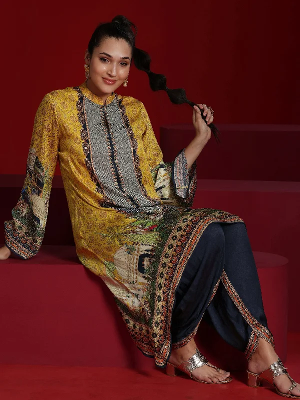 Libas Art Mustard Printed Silk Blend Straight Kurta With Dhoti Pants