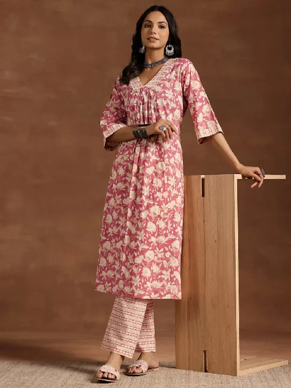 Peach Printed Cotton A-Line Kurta With Trousers