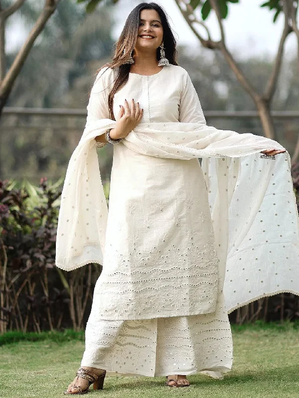 Off-White Embroidered Cotton Straight Kurta With Palazzos & Dupatta