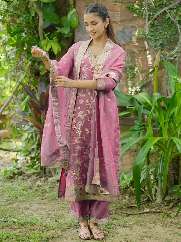 Mauve Woven Design Silk Blend Straight Kurta With Trousers & Dupatta