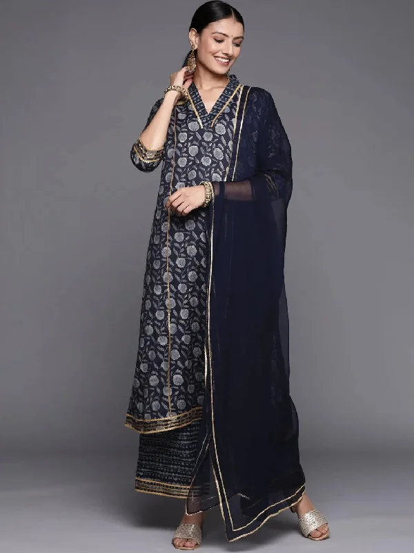 Blue Printed Rayon A-Line Kurta With Palazzos & Dupatta