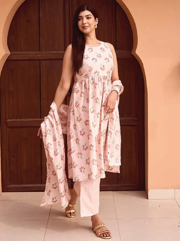 Powder Pink Printed Silk Blend A-Line Kurta With Palazzos & Dupatta