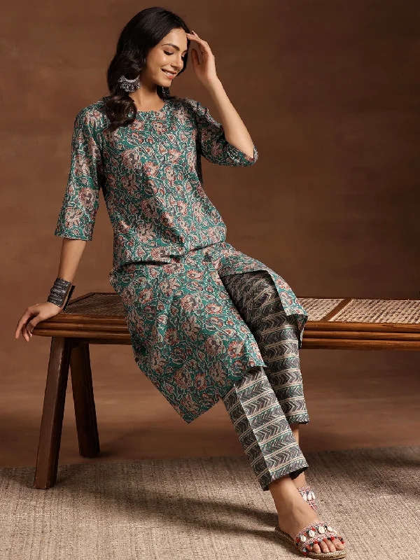 Blue Printed Cotton A-line Kurta With Trousers