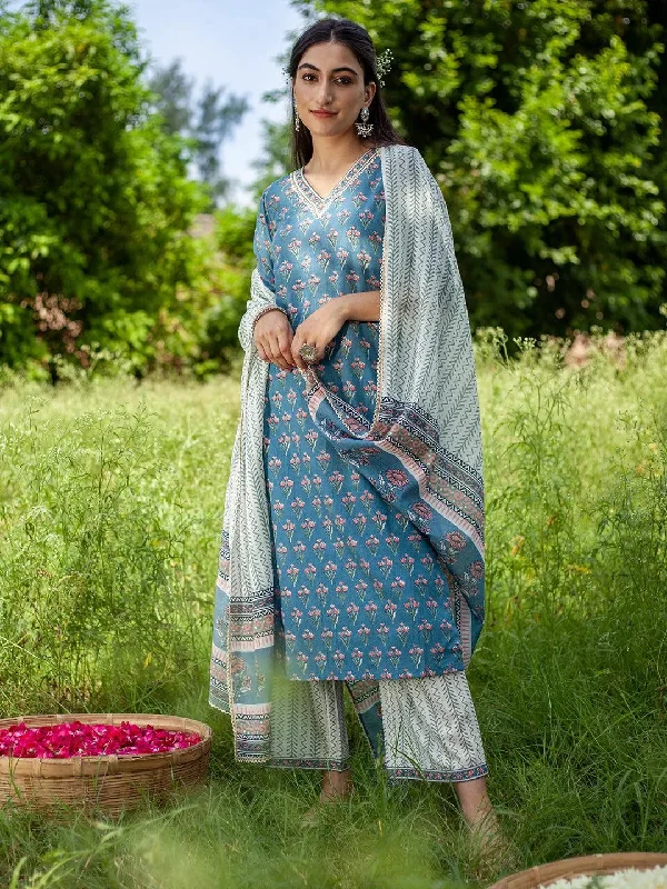 Blue Printed Cotton Straight Kurta With Palazzos & Dupatta