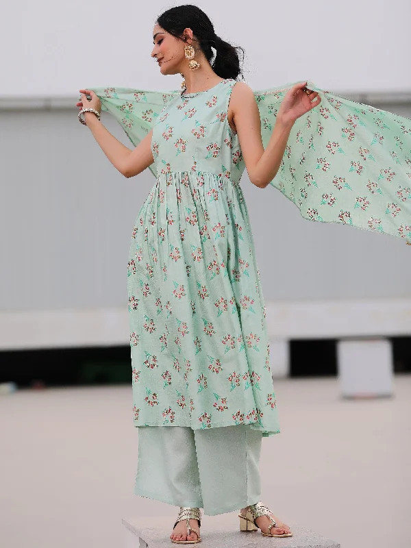 Sea green Printed Silk Blend A-Line Kurta With Palazzos & Dupatta