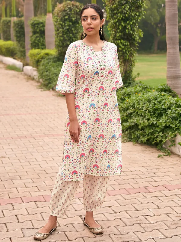 Off White Printed Cotton Straight Kurta Set