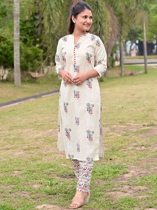 Off-White Printed Cotton Straight Kurta With Trousers