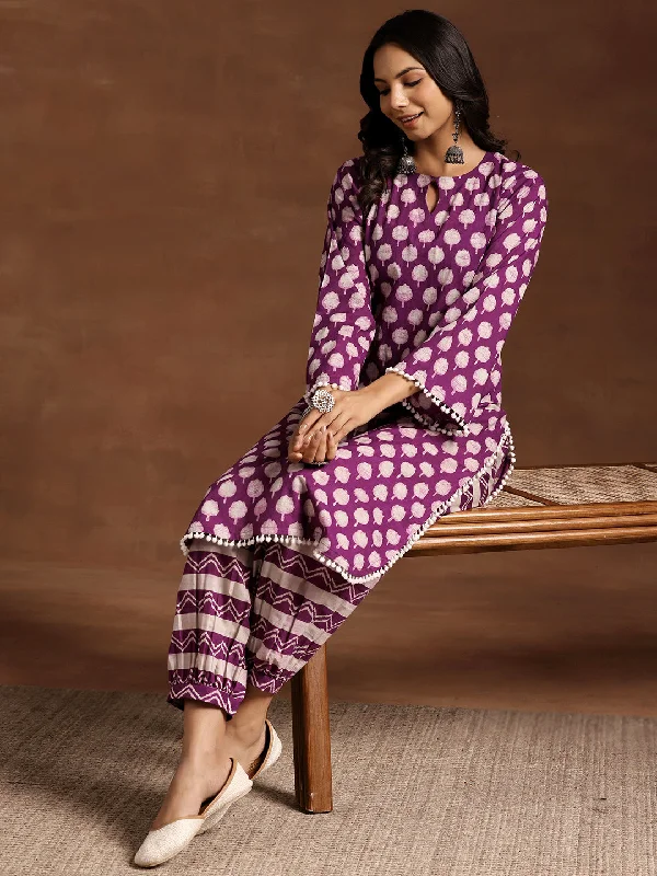 Purple Printed Cotton Straight Kurta Set