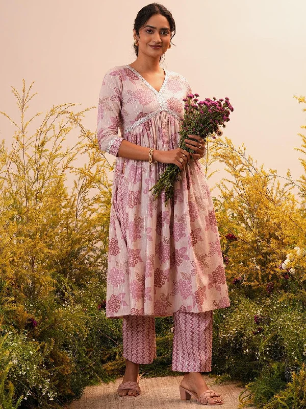 Mauve Printed Cotton A-Line Kurta With Trousers