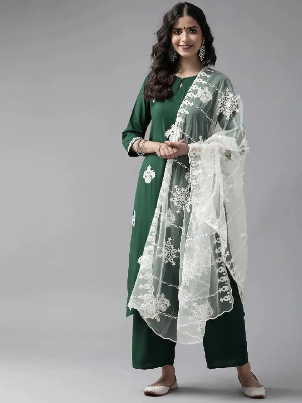 Green Embroidered Rayon Straight Kurta With Palazzos & Dupatta