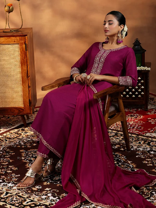 Maroon Yoke Design Silk Blend A-Line Kurta With Trousers & Dupatta