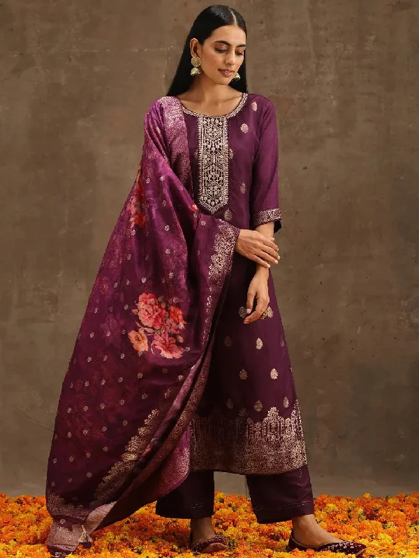 Purple Self Design Silk Straight Kurta With Trousers & Dupatta