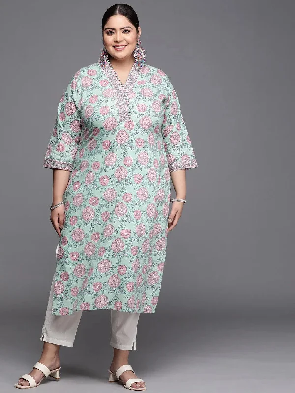 Plus Size Green Printed Cotton Kurta