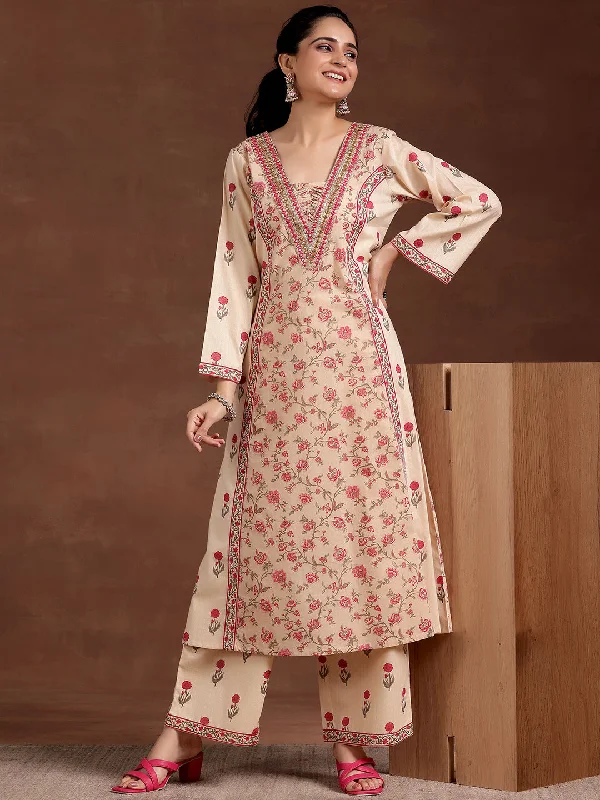 Beige Printed Cotton A-Line Kurta With Palazzos