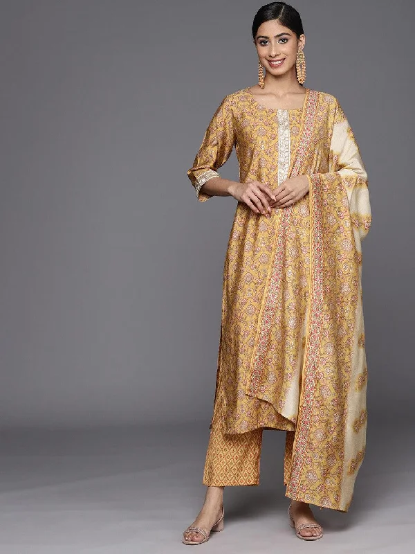 Mustard Printed Silk Blend Straight Kurta With Trousers & Dupatta