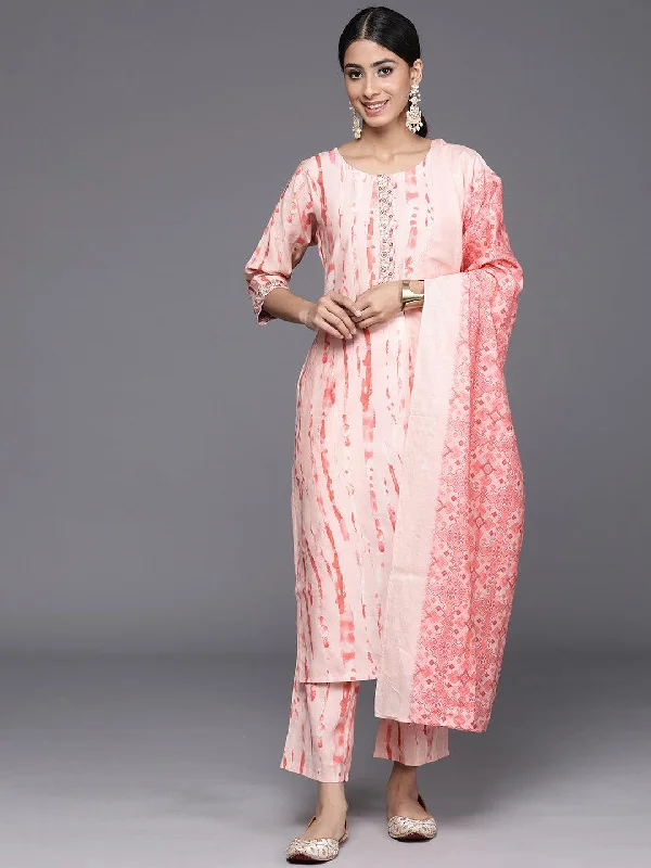 Peach Printed Silk Blend Straight Kurta With Trousers & Dupatta