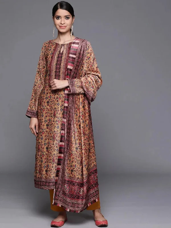 Mustard Printed Velvet Straight Kurta With Dupatta