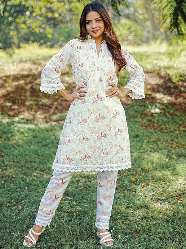 Cream Printed Cotton A-Line Kurta With Trousers