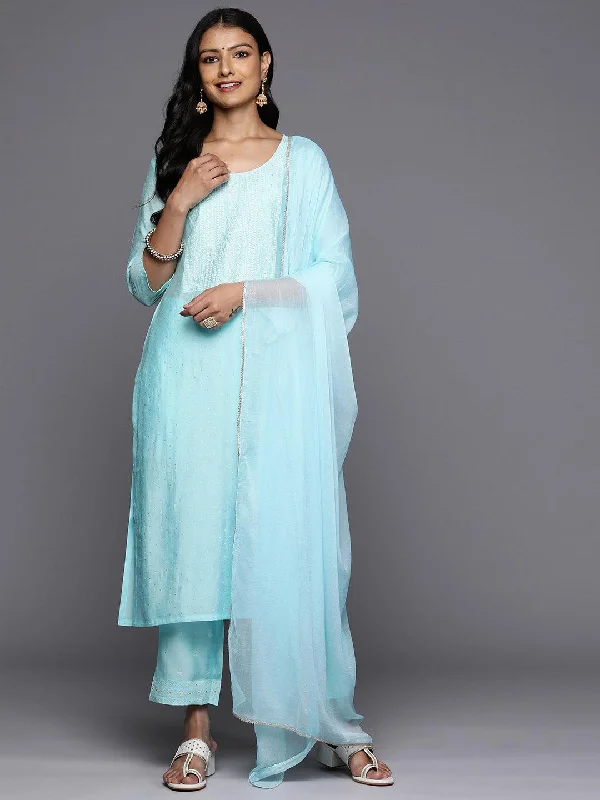 Turquoise Blue Printed Silk Blend Straight Kurta With Trousers & Dupatta