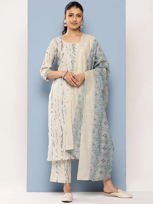 Grey Printed Silk Blend Straight Kurta With Trousers & Dupatta