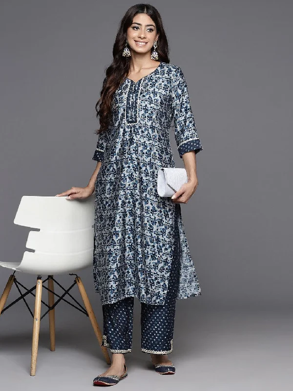 Blue Printed Silk Blend Straight Kurta Set