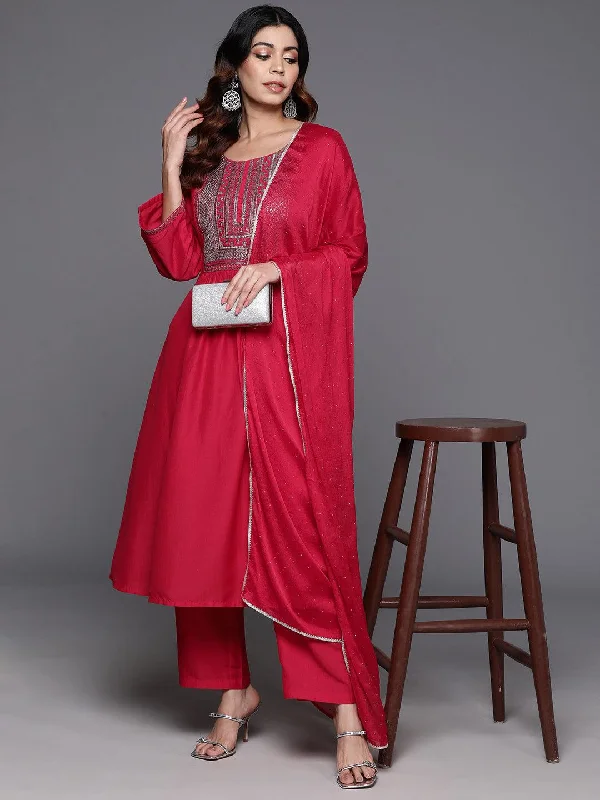 Pink Yoke Design Silk Blend A-Line Kurta With Trousers & Dupatta