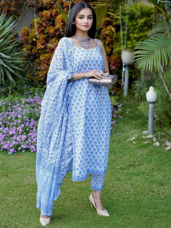 Blue Printed Cotton Straight Kurta With Trousers & Dupatta