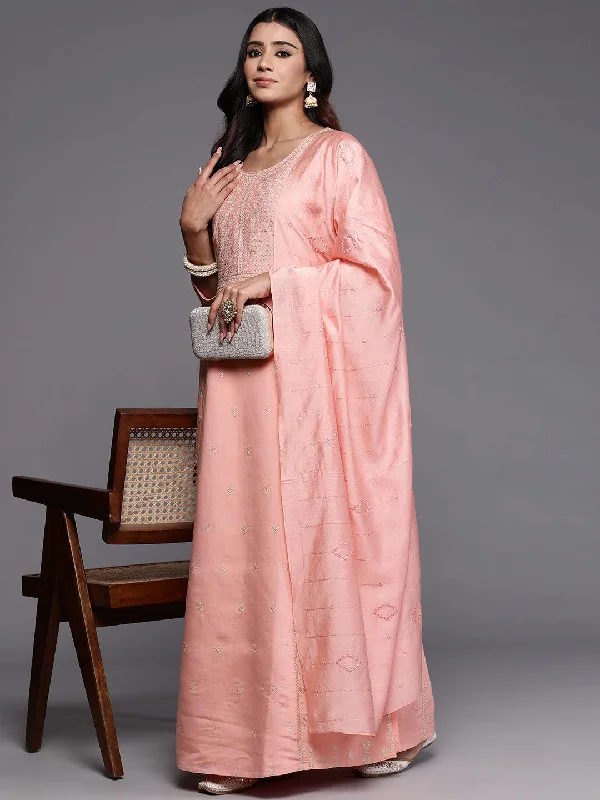 Libas Art Pink Embroidered Silk Blend A-Line Kurta With Trousers & Dupatta