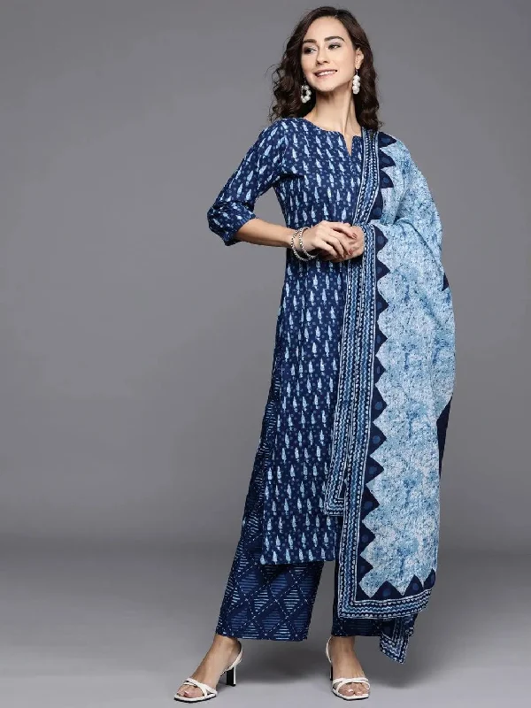 Blue Printed Cotton Straight Kurta With Palazzos & Dupatta