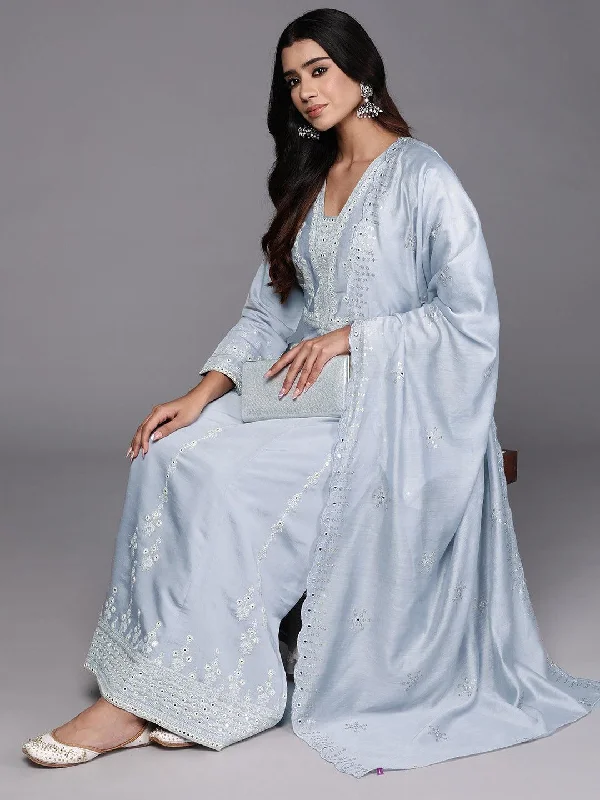 Libas Art Powder Blue Embroidered Silk Blend A-Line Kurta With Trousers & Dupatta