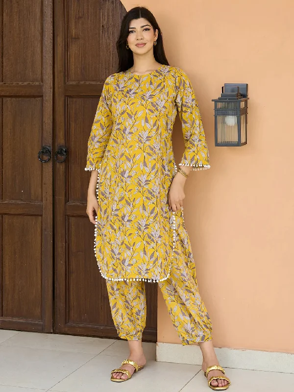 Mustard Printed Cotton Pathani Kurta Set