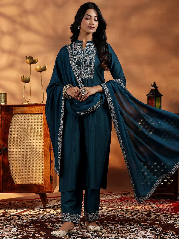 Teal Yoke Design Silk Blend A-Line Kurta With Palazzos & Dupatta