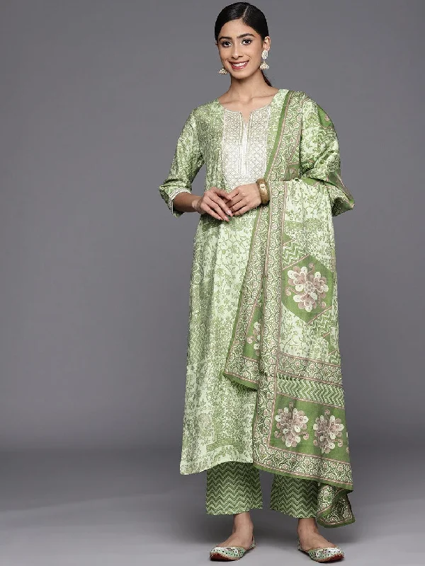 Green Printed Silk Blend Straight Kurta With Dupatta