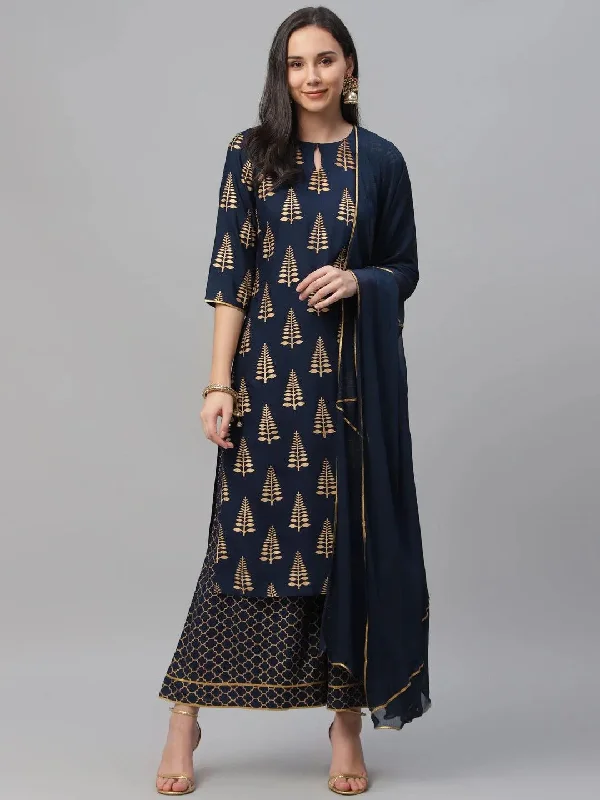 Blue Printed Rayon Straight Kurta With Palazzos & Dupatta