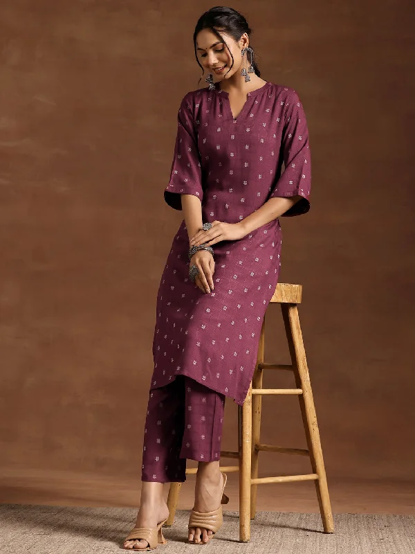 Wine Woven Design Cotton Blend Straight Kurta Set