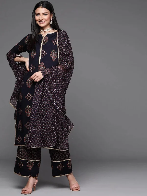 Blue Printed Rayon Straight Kurta With Palazzos & Dupatta