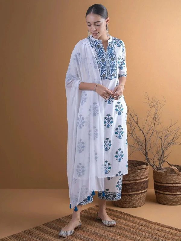 White Printed Cotton Straight Kurta With Palazzos & Dupatta