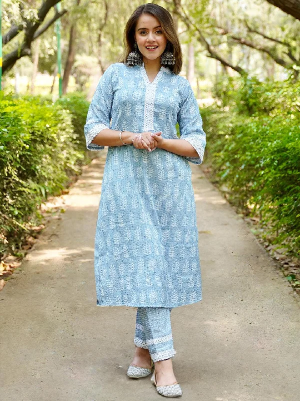 Blue Printed Cotton Blend A-Line Kurta With Trousers