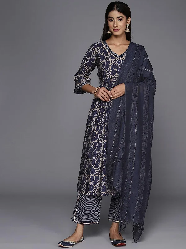 Blue Printed Silk Blend A-Line Kurta With Trousers & Dupatta