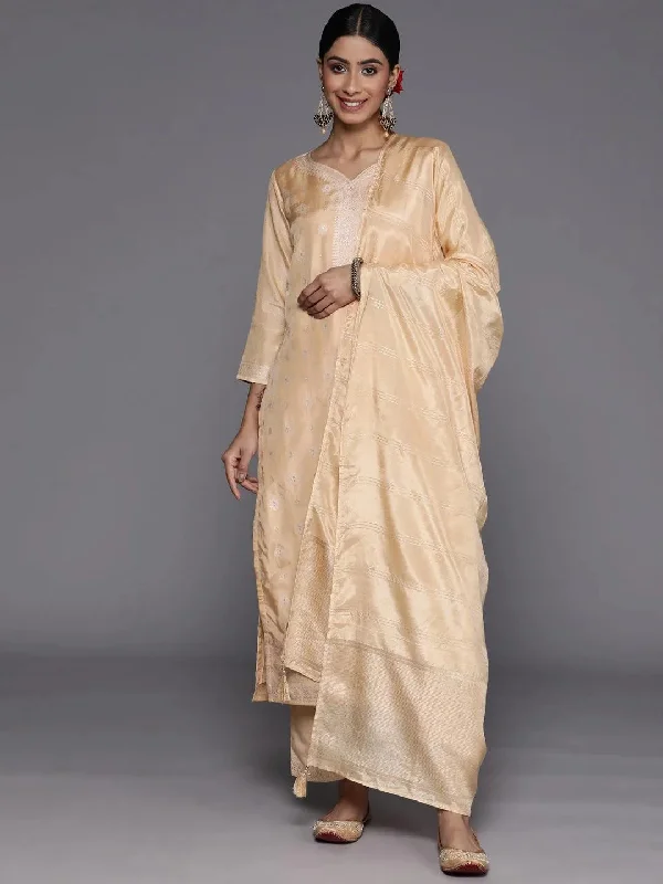 Beige Self Design Silk Blend Straight Kurta With Trousers & Dupatta