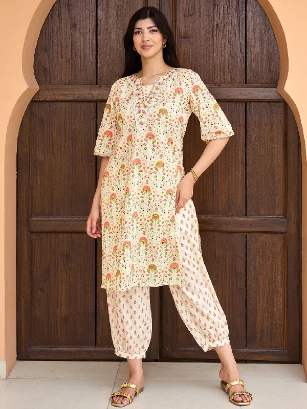 Off White Printed Cotton Straight Kurta Set