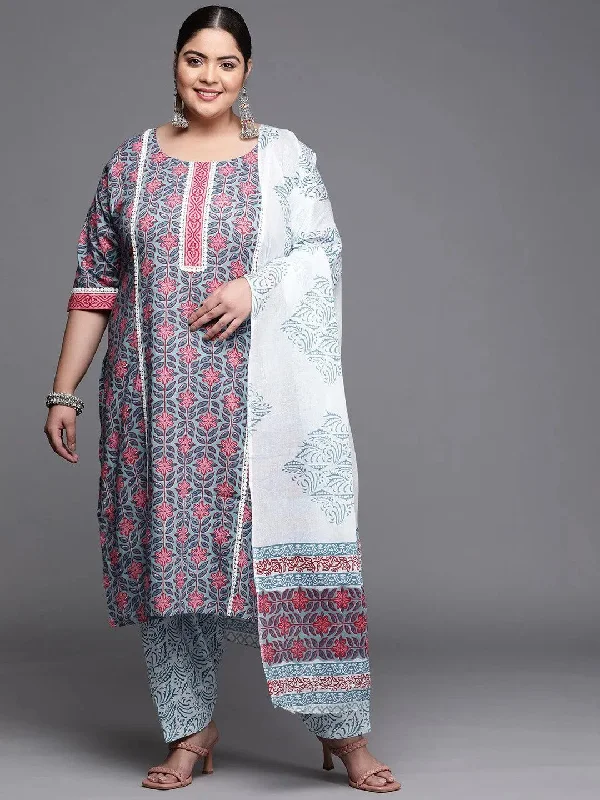 Plus Size Blue Printed Cotton Straight Kurta With Salwar & Dupatta