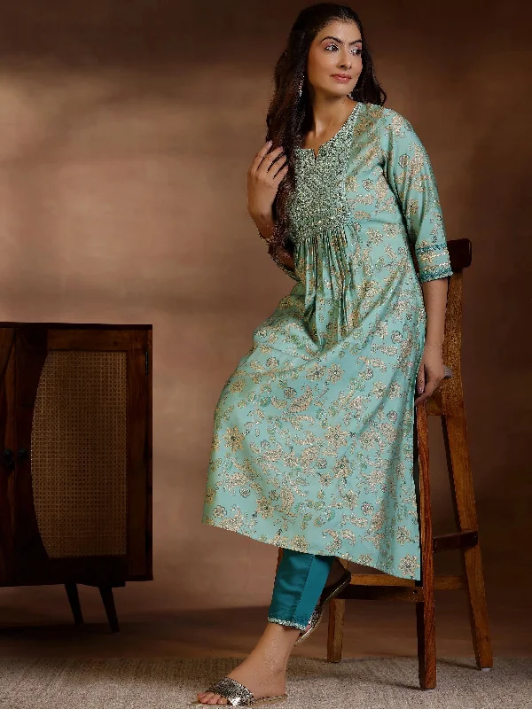 Green Printed Silk Blend A-Line Kurta With Palazzos