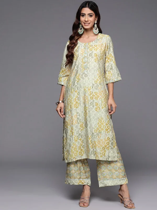 Green Printed Silk Blend Straight Kurta Set