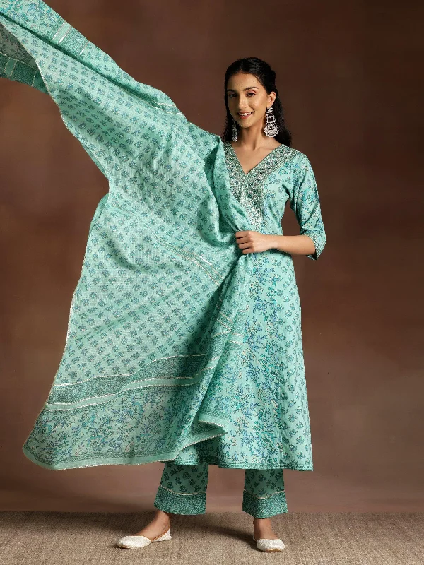 Turquoise Printed Cotton A-Line Kurta With Palazzos & Dupatta