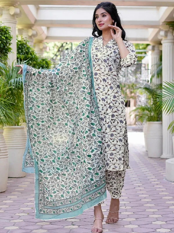 White Printed Cotton Straight Kurta With Salwar & Dupatta