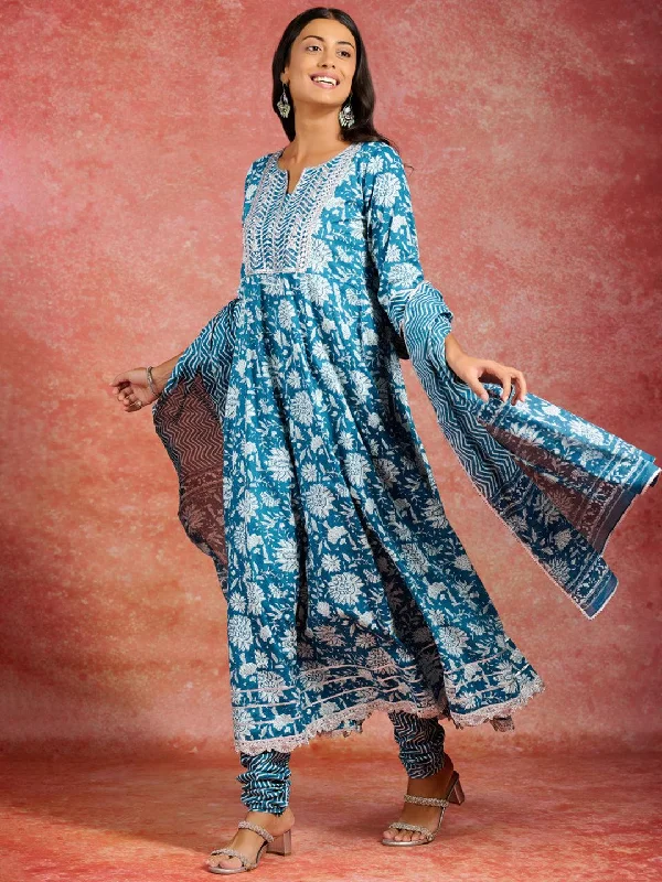 Blue Printed Cotton Anarkali Kurta With Churidar & Dupatta